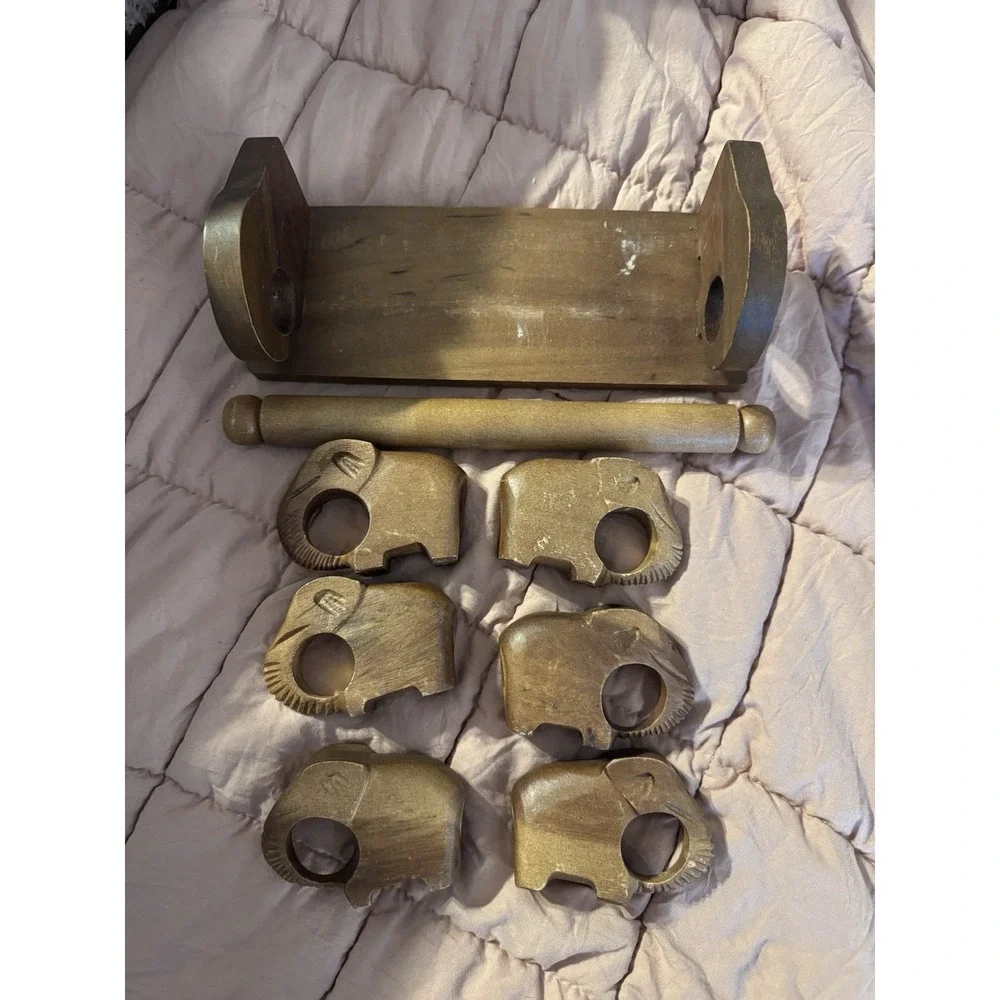 Vintage Hand Carved Wood Elephant Napkin Rings in Holder Set of 6